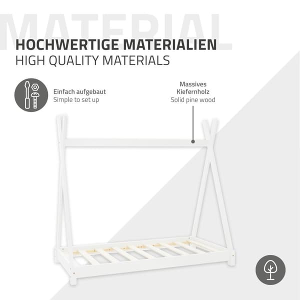 Lasten sänky Tipi, jossa on ristikkorunko ja patja 70x140 cm valkoinen, mäntyä ML-Design
