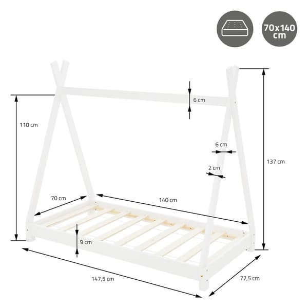 Lasten sänky Tipi, jossa on ristikkorunko ja patja 70x140 cm valkoinen, mäntyä ML-Design