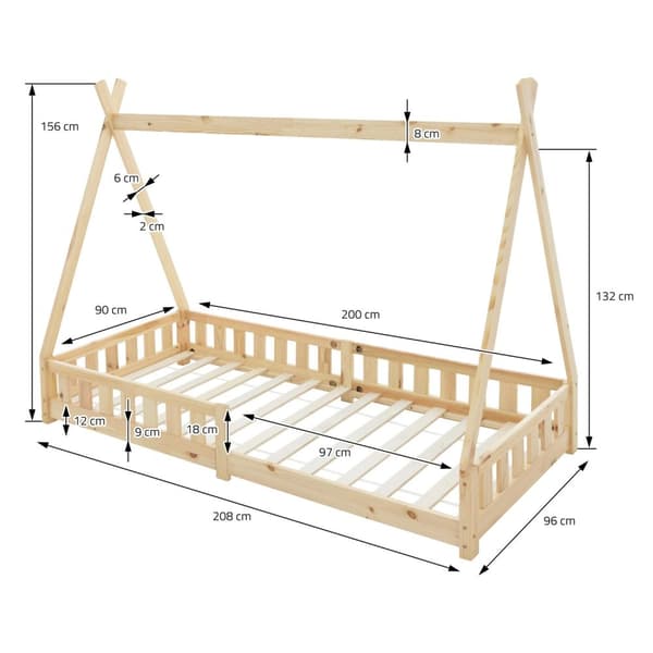 Lasten sänky Tipi säleikötelineellä 90x200 cm luonnon mäntyä sis. patjan ML-Design