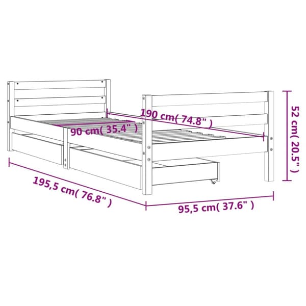 sengeramme til juniorseng m. skuffer 90x190 cm massivt fyr hvid