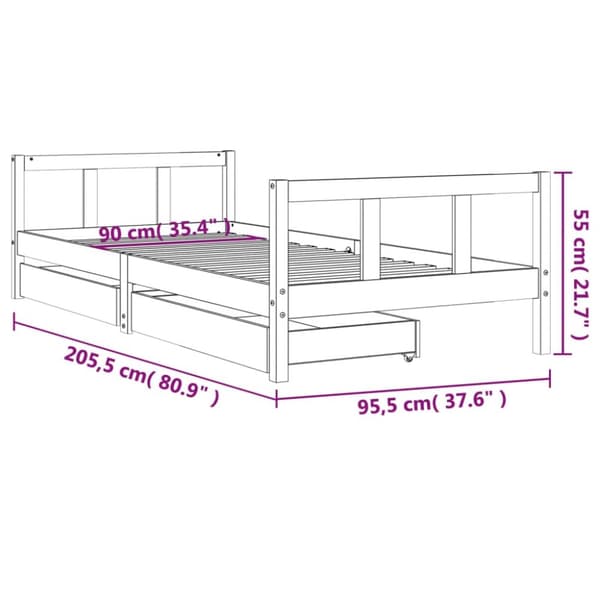 sengeramme til juniorseng m. skuffer 90x200 cm massivt fyr hvid