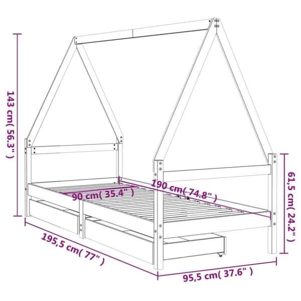 sengeramme til juniorseng m. skuffer 90x190 cm massivt fyr