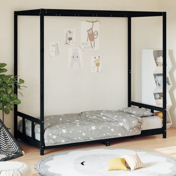 sengeramme til juniorseng 90x190 cm massivt fyrretræ sort