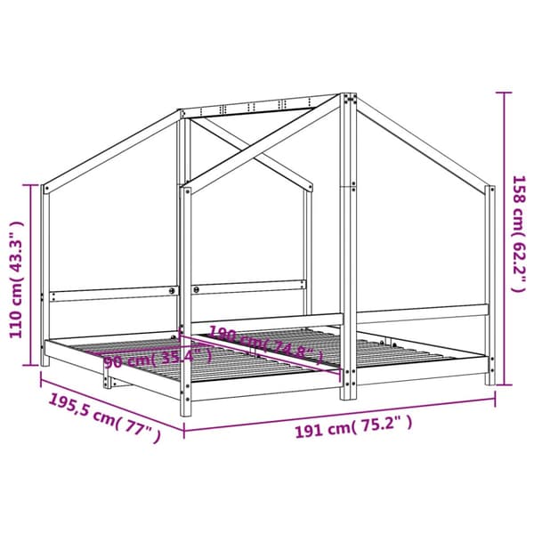 Sängram för barnsäng svart 2x(90x190) cm massiv furu