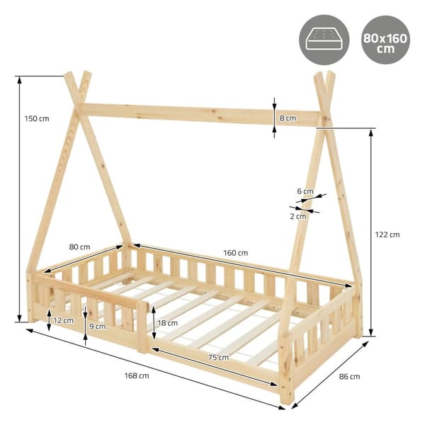 ML-Design Lastensänky Tipi 80x160 cm luonnonvärinen patjalla; sängynreunus ja sälepohja; mänty puusta valmistettu; intiaanisänky massiivipuuta