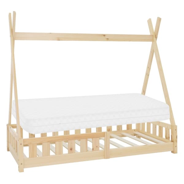 ML-Design Lastensänky Tipi 80x160 cm luonnonvärinen patjalla; sängynreunus ja sälepohja; mänty puusta valmistettu; intiaanisänky massiivipuuta
