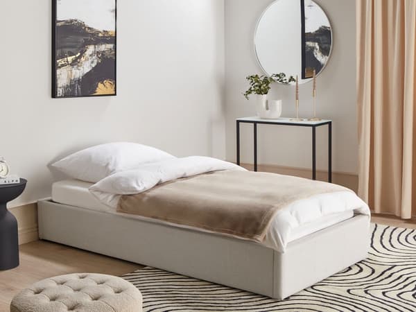 Seng Lys Beige Polstret 90 x 200 cm Med oppbevaring Uten sengegavl Lamellbunn Soverom Innredning Moderne design