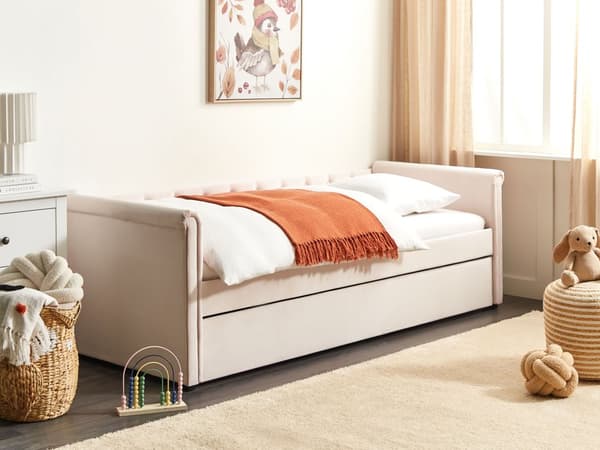 Enkeltseng Pastellrosa Fløyel 80 x 200 cm Junior Sovesofa med Uttrekkbar Dobbeltseng Quiltet Ryggstøtte til Barnerommet Multifunksjonell Design