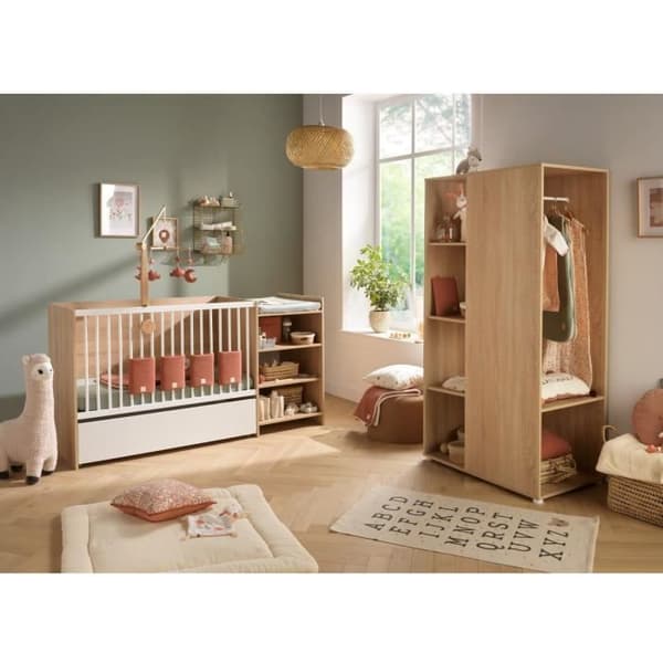 Kombinerad babysäng - 120x60cm - Konvertibel till 90x190cm - Babyprice Up - Trädekor - Med skötbord och hylla