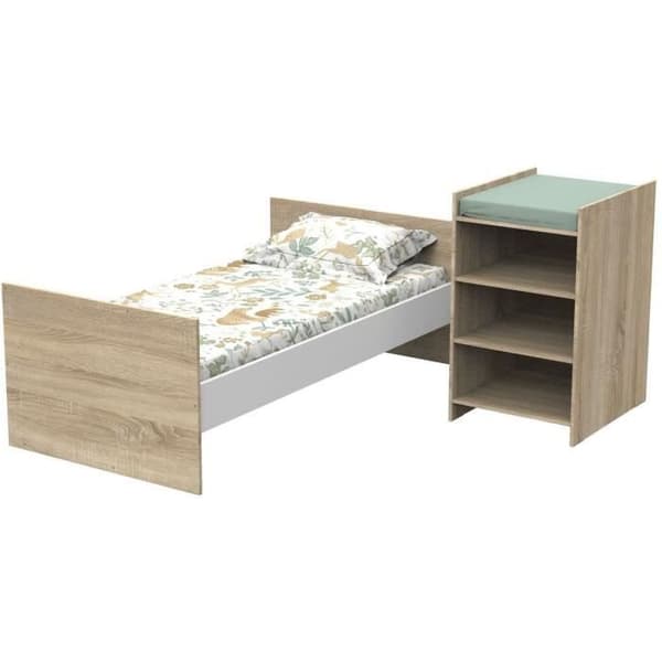 Kombinerad babysäng - 120x60cm - Konvertibel till 90x190cm - Babyprice Up - Trädekor - Med skötbord och hylla