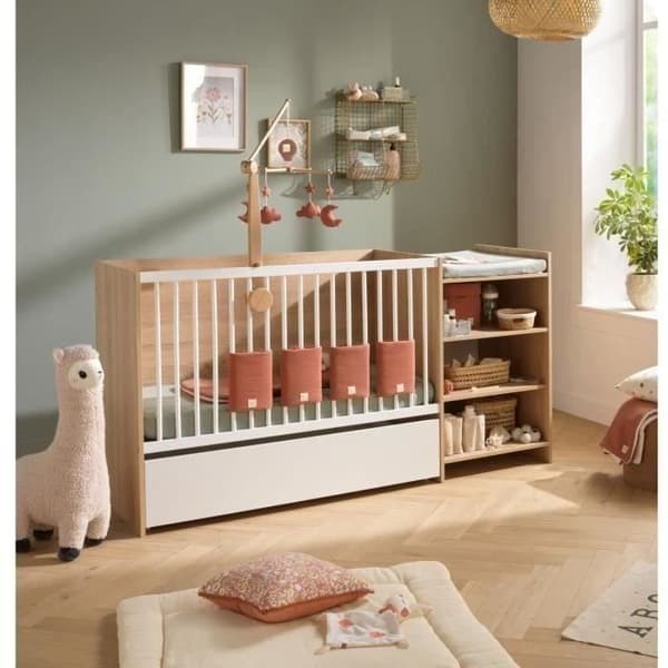 Kombinerad babysäng - 120x60cm - Konvertibel till 90x190cm - Babyprice Up - Trädekor - Med skötbord och hylla