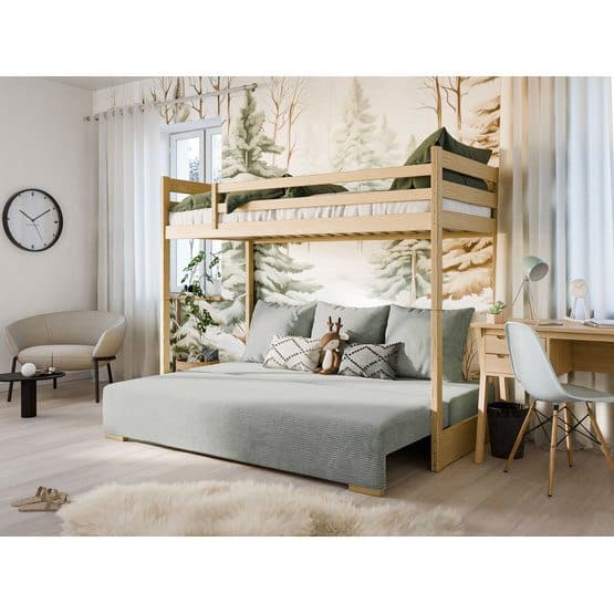 SOFINO - Familjesäng / Soffa - 90x200/140x200cm - Furu Med Grått Överdrag