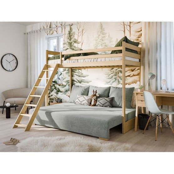 SOFINO - Familjesäng / Soffa - 90x200/140x200cm - Furu Med Grått Överdrag