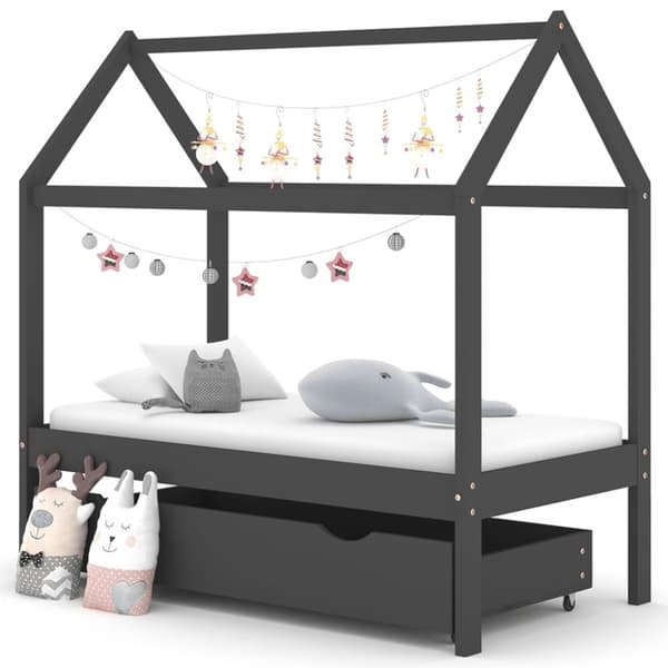 vidaXL sengestel til børn + skuffe 70x140 cm massivt fyrretræ mørkegrå -  Tremmesenge & børnesenge