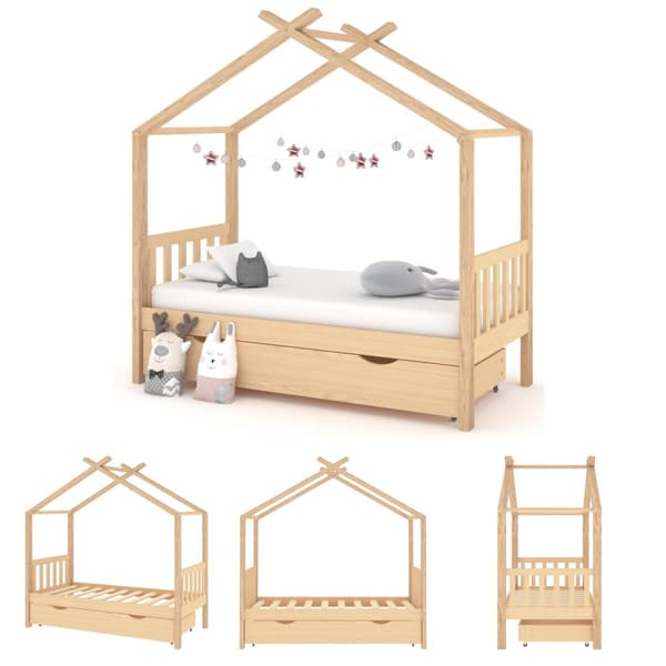 The Living Store sengeramme til juniorseng 80x160 cm med skuffe massivt fyrretræ -  Tremmesenge & børnesenge