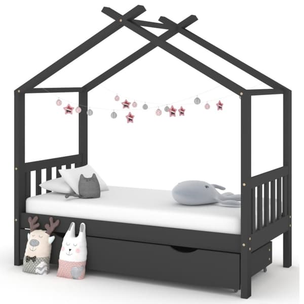 The Living Store sengestel til børn + skuffe 80x160 cm massivt fyrretræ mørkegrå -  Tremmesenge & børnesenge