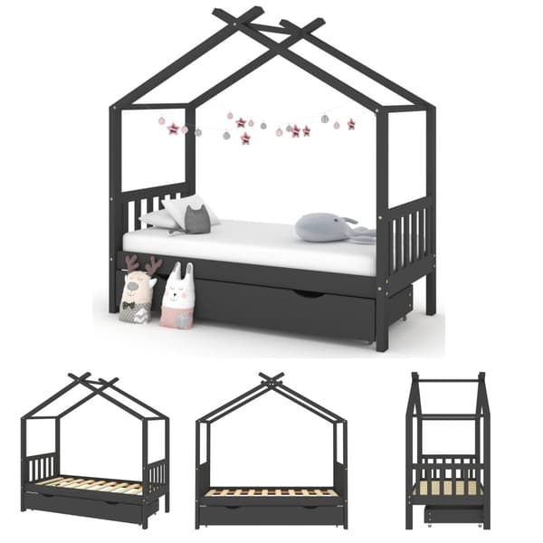 The Living Store sengestel til børn + skuffe 80x160 cm massivt fyrretræ mørkegrå -  Tremmesenge & børnesenge