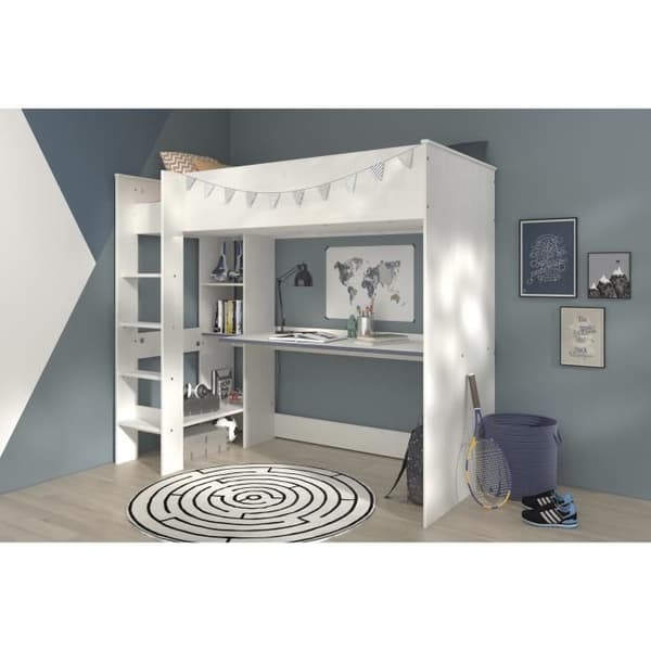PARISOT JIM Modern entresolsäng för barn med dekor i Memphis furu och vändbar blå eller rosa kant - L 90 x L 200 cm