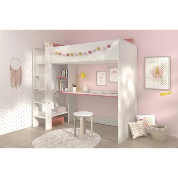 PARISOT JIM Modern entresolsäng för barn med dekor i Memphis furu och vändbar blå eller rosa kant - L 90 x L 200 cm
