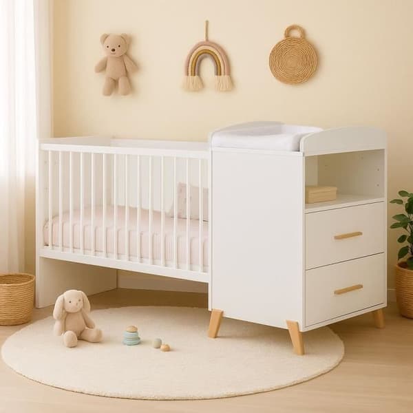 Kombinerad säng - 120x60cm - Konvertibel till 90x190cm - Babyprice Joy Natural - Vit på ben av naturliga trä