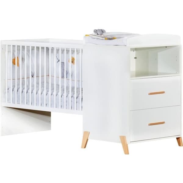 Kombinerad säng - 120x60cm - Konvertibel till 90x190cm - Babyprice Joy Natural - Vit på ben av naturliga trä