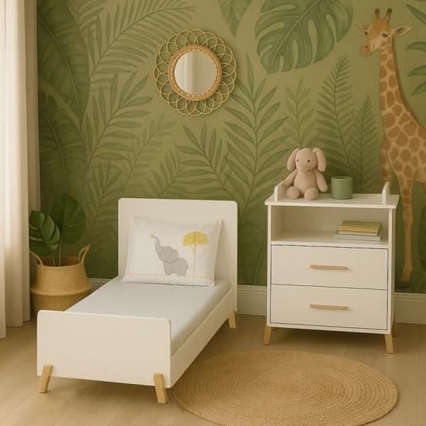Utdragbar säng - 140x70cm - Babyprice Joy Natural - Vit på naturliga träben