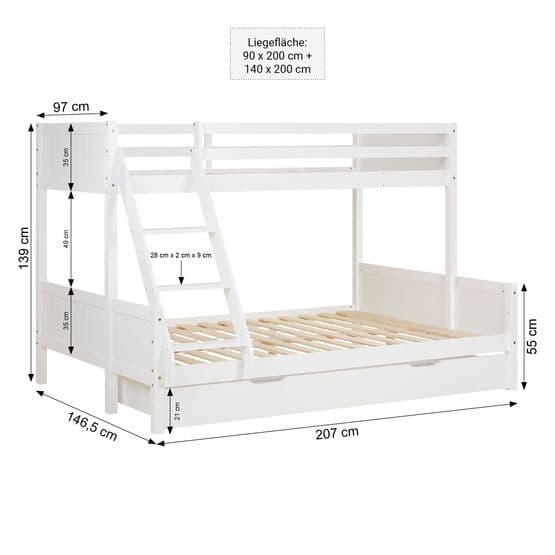 Familieseng - 90x200 + 140x200 - Hvid Med skuffe og madrasser