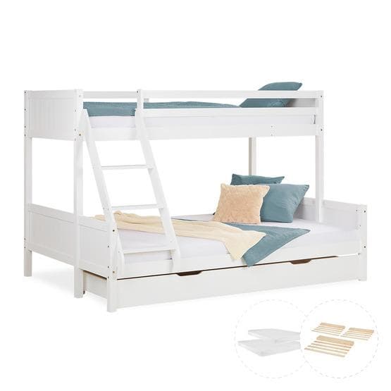 Familieseng - 90x200 + 140x200 - Hvid Med skuffe og madrasser