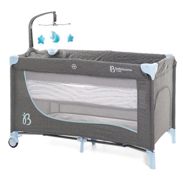 BEBELISSIMO - Resesäng för baby - babyvagga - från födseln - Natt - hopfällbar säng - 2 våningar - blå