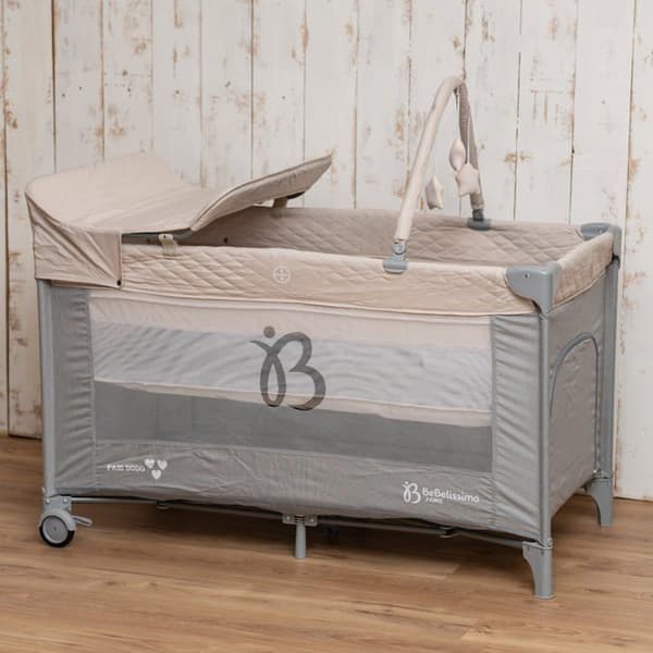 BEBELISSIMO - Resesäng för baby - hopfällbar säng - från födseln - Låt oss sova - skötbord och leksaker - beige/grå