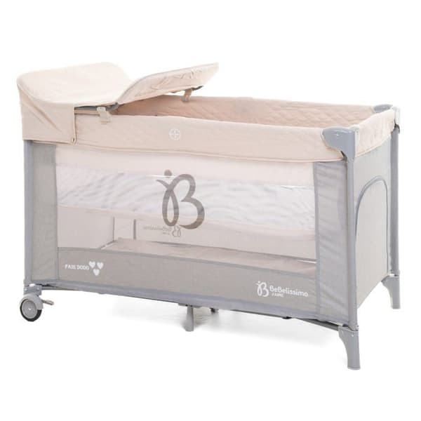 BEBELISSIMO - Resesäng för baby - hopfällbar säng - från födseln - Låt oss sova - skötbord och leksaker - beige/grå