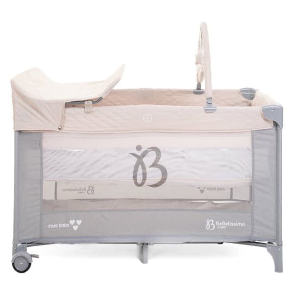 BEBELISSIMO - Resesäng för baby - hopfällbar säng - från födseln - Låt oss sova - skötbord och leksaker - beige/grå