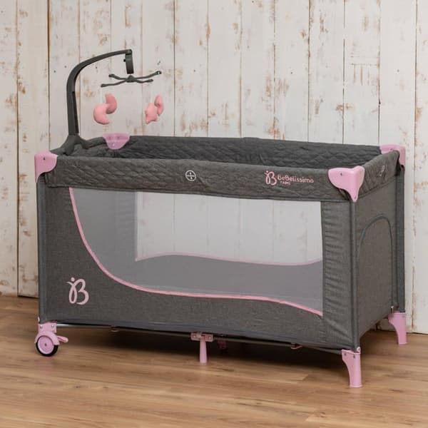 BEBELISSIMO - Resesäng för baby - babyvagga - från födseln - Natt - hopfällbar säng - 2 våningar - rosa