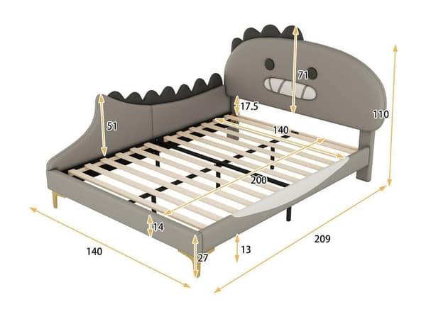 140*200cm Barnbett, tecknad dinosaurieform, plattbett, PU-material