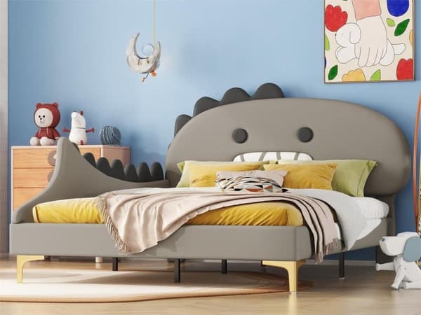 140*200cm Barnbett, tecknad dinosaurieform, plattbett, PU-material