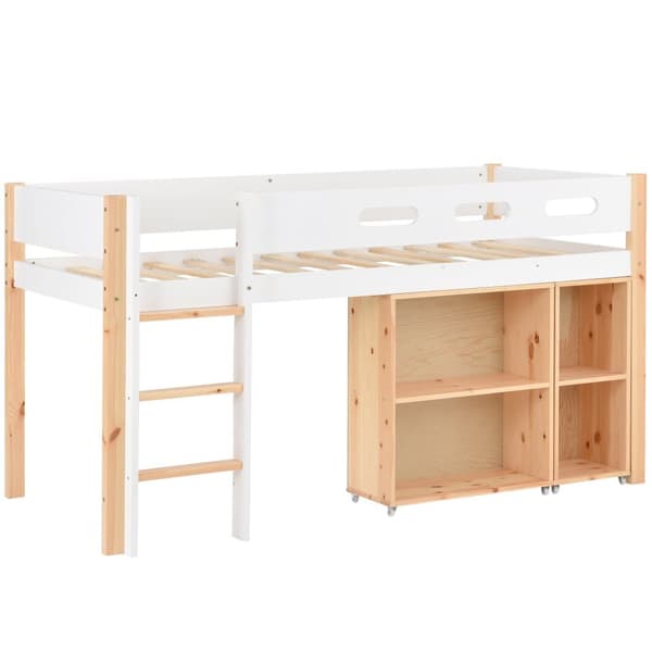 Mezzanin seng 90x200cm - med trappe、aftageligt skab og sengehest - sengeramme i massivt træ - Hvid & Natur