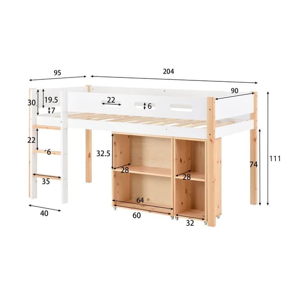 Mezzanin seng 90x200cm - med trappe、aftageligt skab og sengehest - sengeramme i massivt træ - Hvid & Natur
