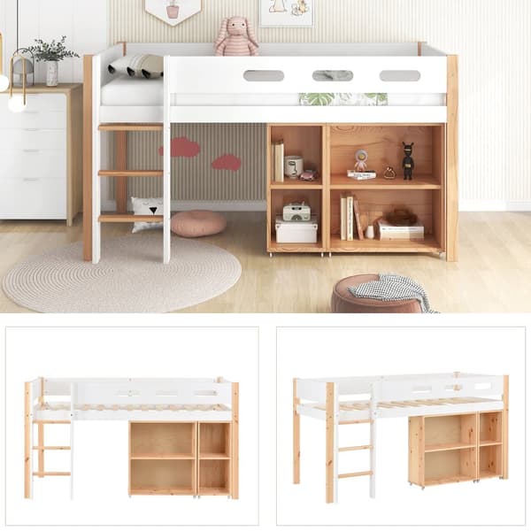 Mezzanin seng 90x200cm - med trappe、aftageligt skab og sengehest - sengeramme i massivt træ - Hvid & Natur
