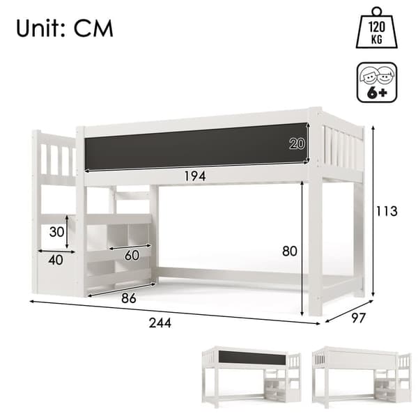 Massiv Fyrretræ Mezzanin Seng - 90x200cm - Tavle - Hvid