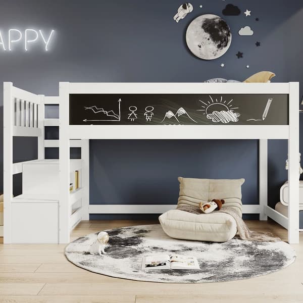 Mezzanine-säng i massiv furu - 90x200cm - med svart tavla - Vit