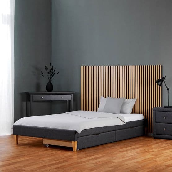 Enkelsäng - Träram Med Madrass Och Lådor - Stoppat Tyg - 90x200 Cm - Grå
