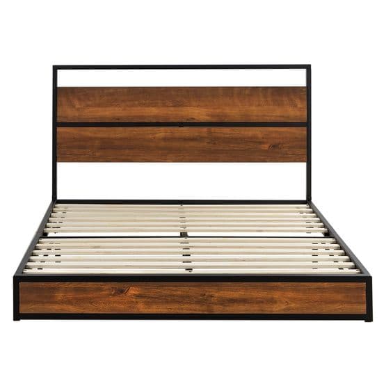 Enkelsäng Med Madrass - Metall 140x200 Cm - Svart Med Brunt Trä