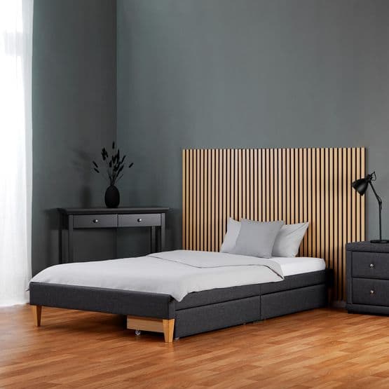 Enkeltseng - Træramme med madras og skuffer - polstret stof - 140x200 Cm - Grå