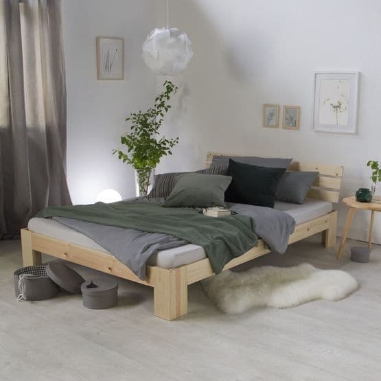 Enkeltseng - Træramme med sengegavl og skuffe - Naturlig - 140x200 Cm