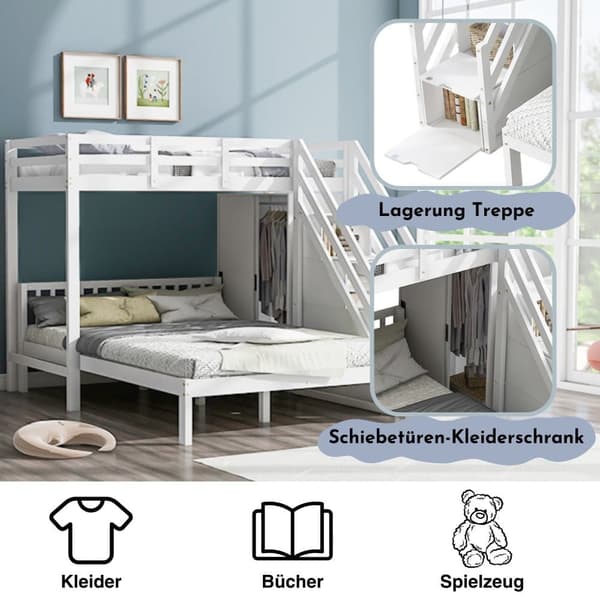 Lasten kerrossänky 90x200 cm + 140x200 cm - vaatekaapilla ja säilytystikkailla - massiivipuu ja MDF - valkoinen