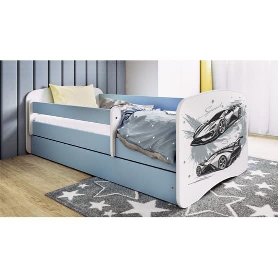 Barnsäng - Babydreams Blå Med Låda Och Madrass - Sportbil 180x80 Cm