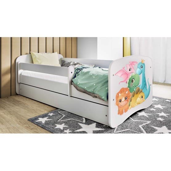 Barnsäng - Babydreams Vit Med Låda Och Madrass - Små Dinosaurier 180x80 Cm