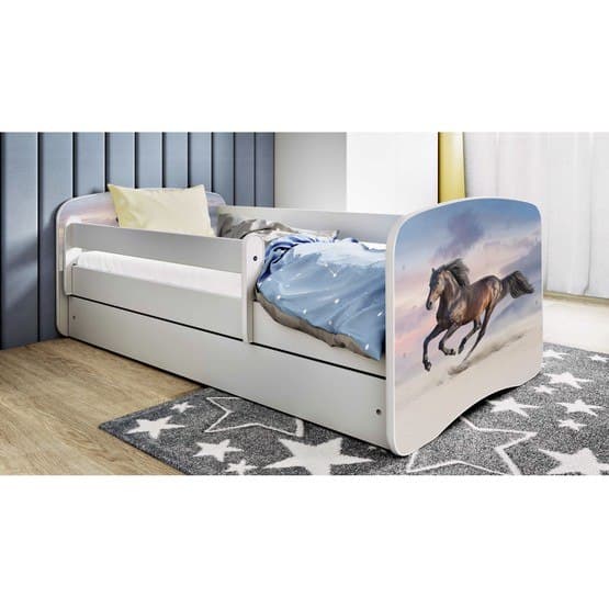 Tremmeseng - Babydreams Hvid Med Boks Og Madras - Galoperende Heste 160x80 Cm
