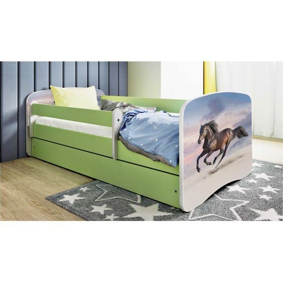 Tremmeseng - Babydreams Grøn Med Skuffe - Galoperende Heste 180x80 Cm