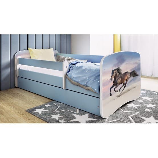 Tremmeseng - Babydreams Blå Med Boks Og Madras - Galoperende Heste 160x80 Cm